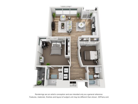 A floor plan of a two-bedroom apartment with a living room, kitchen, and bathroom.